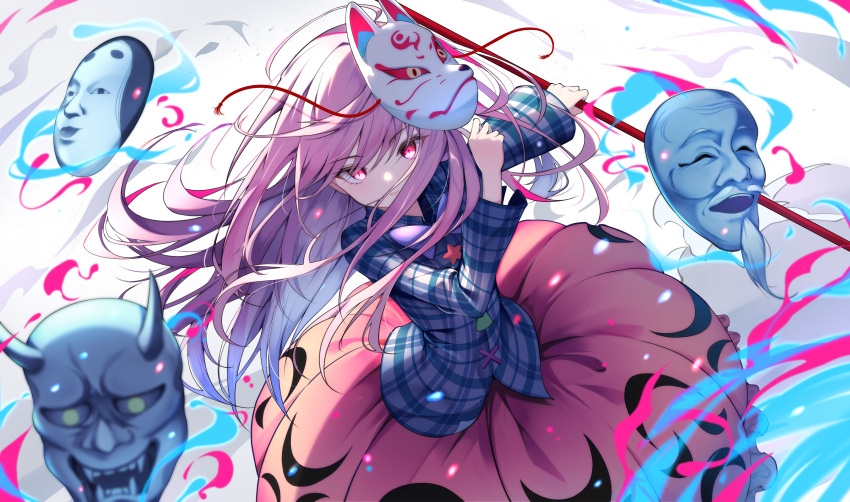 1girl absurdres blue_jacket cross hata_no_kokoro highres jacket long_hair long_sleeves mask noh_mask oni_mask pink_eyes pink_skirt plaid plaid_jacket purple_hair skirt solo star_(symbol) touhou triangle white_background yamanakaume