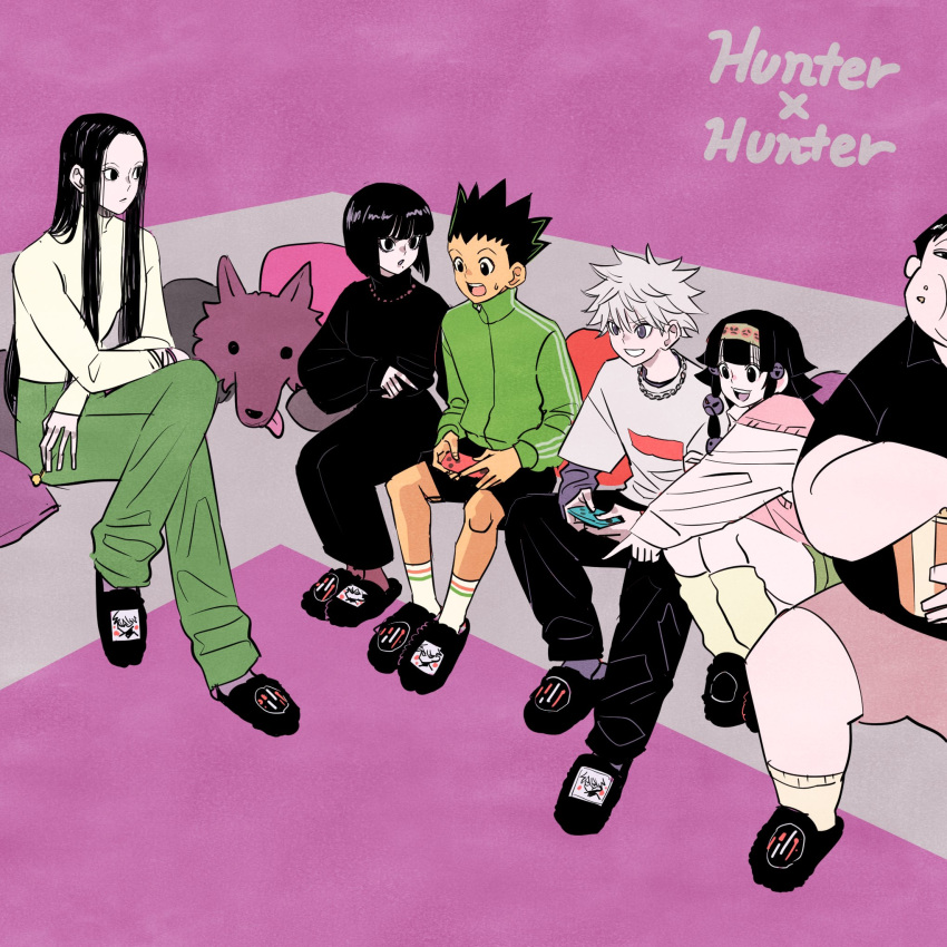 1girl 5boys alluka_zoldyck black_eyes black_hair black_pants black_shirt black_shorts blonde_hair brother_and_sister brothers chips_(food) couch food gon_freecss green_jacket green_pants highres holding holding_needle hunter_x_hunter illumi_zoldyck jacket jewelry kalluto_zoldyck killua_zoldyck layered_sleeves long_hair long_sleeves mike_(hunter_x_hunter) milluki_zoldyck multi-tied_hair multiple_boys necklace needle nintendo_switch on_couch pants pillow pink_background playing_games purple_eyes shirt short_hair short_over_long_sleeves short_sleeves shorts siblings slippers smile socks takeuchi_ryousuke title white_hair white_shirt