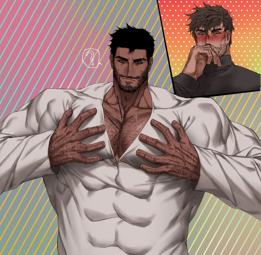 2boys ? aroused_nosebleed bara beard_stubble blush brown_hair chest_hair couple covered_abs dobek_k food_between_pectorals hairy hand_hair highres knuckle_hair large_pectorals long_sleeves looking_at_another looking_at_viewer male_focus multiple_boys muscular muscular_male mustache_stubble original pectoral_cleavage pectoral_squeeze pectorals pocky_day short_hair smile solo_focus spoken_question_mark strongman_waist tsurime upper_body yaoi