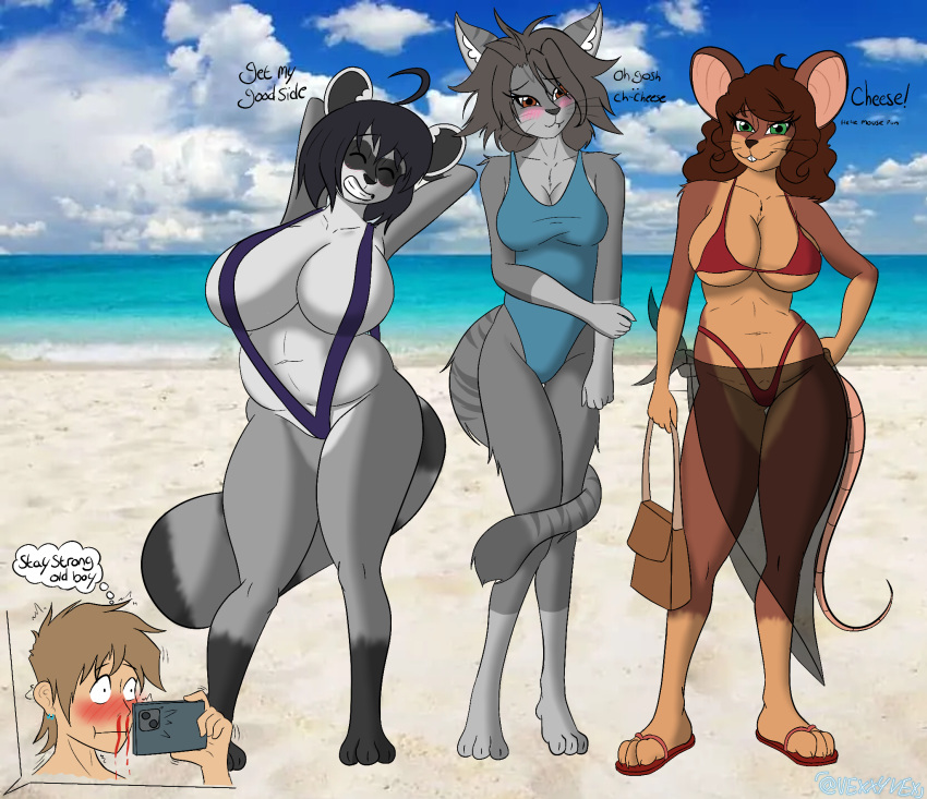 anthro beach belly big_breasts bikini blood blue_clothing bodily_fluids breasts brown_body brown_eyes brown_fur cellphone chubby_female clothed clothing felicia_banks felid feline female fur gavin_van_der_valk green_eyes grey_body grey_fur grey_stripes group group_picture hi_res human julie_lin male mammal margaret_de_campos mice_tea mouse murid murine nosebleed one-piece_swimsuit outside phone photo_background photography_(artwork) procyonid purple_clothing raccoon red_clothing rodent sand seaside sky slightly_chubby slim sling_bikini smile stripes swimwear taking_picture thick_thighs trans_(lore) trans_woman_(lore) two_piece_swimsuit vexxyvex water wide_hips