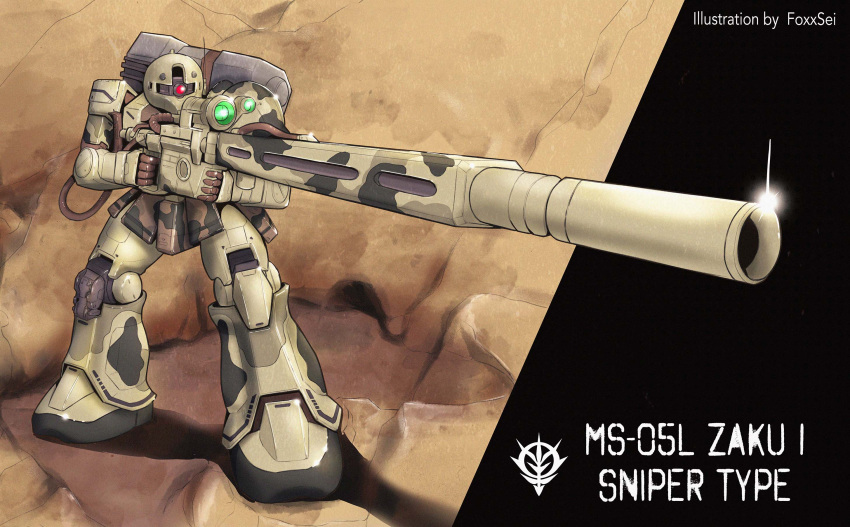 beam_rifle cable camouflage emblem energy_gun english_commentary english_text gun gundam highres machinery mecha mobile_suit no_humans one-eyed red_eyes rifle robot roundel science_fiction signature sniper_rifle user_utgt2242 weapon zaku zaku_i_sniper_type zeon