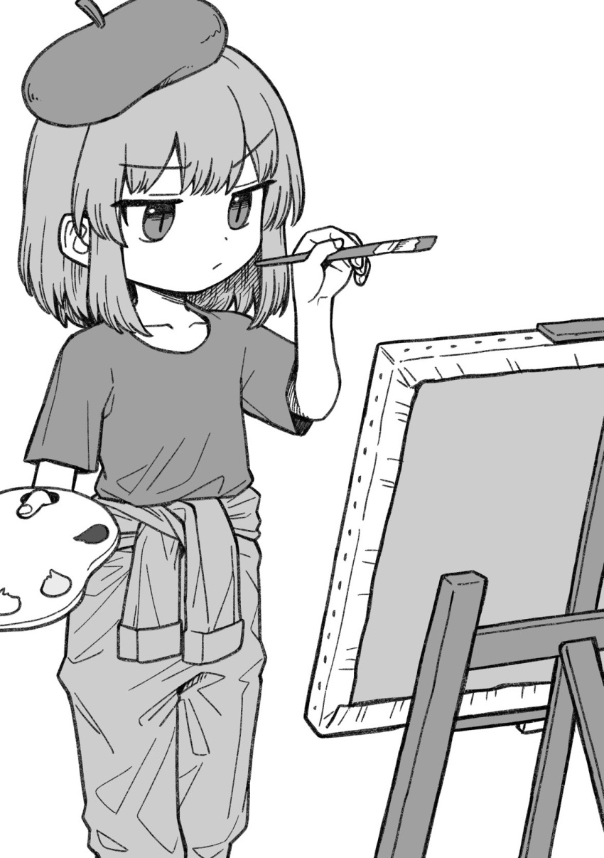 1girl alternate_costume beret canvas_(object) closed_mouth greyscale hat highres holding holding_paintbrush holding_palette monochrome oninamako paintbrush painting_(action) palette_(object) pants remilia_scarlet shirt short_hair simple_background slit_pupils solo touhou