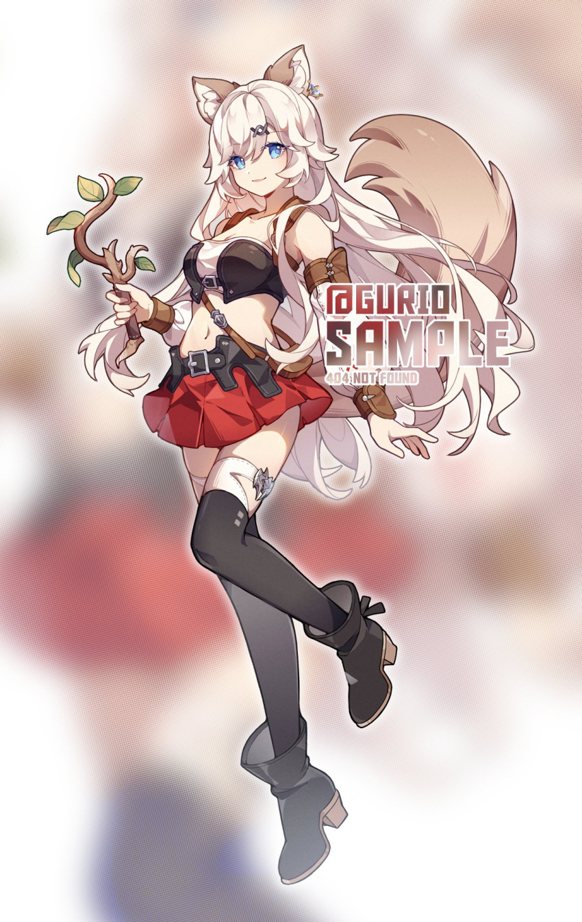 1girl 9yuki animal_ears bag bare_shoulders black_thighhighs blue_eyes boots branch breasts brown_bag cat_ears cat_girl cat_tail commission detached_sleeves final_fantasy final_fantasy_xiv full_body highres holding holding_wand large_breasts long_hair long_sleeves looking_at_viewer messenger_bag midriff miniskirt miqo'te navel pleated_skirt red_skirt shoulder_bag skirt smile stomach tail thighhighs two-tone_legwear wand warrior_of_light_(ff14) white_thighhighs