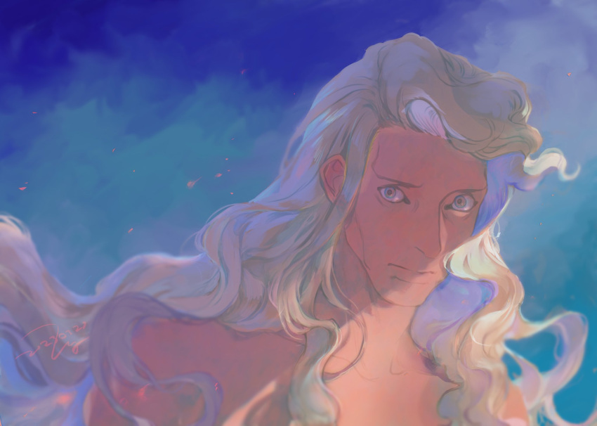 1boy almostghost blonde_hair blue_background closed_mouth highres hinrigh_biganduffno hunter_x_hunter long_hair looking_at_viewer nude signature topless_male upper_body