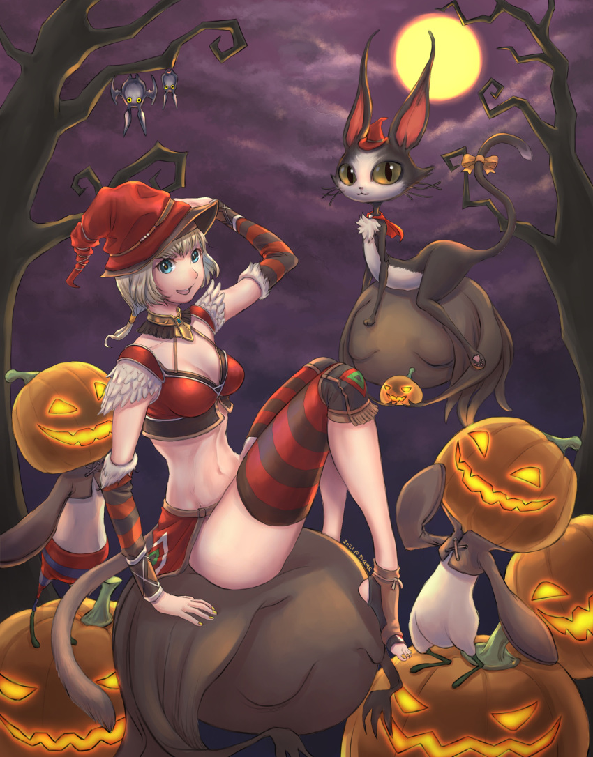 1girl absurdres avatar_(ff11) bare_tree bat_(animal) black_socks blonde_hair blue_eyes breasts brown_tail cactus41747280 cait_sith_(ff11) cat cat_girl cat_tail cleavage final_fantasy final_fantasy_xi full_moon halloween hat highres jack-o'-lantern mandragora_(final_fantasy) medium_breasts midriff mithra_(ff11) moon navel open_mouth pumpkin red_headwear short_hair sitting smile socks striped tail toeless_footwear tree witch_hat