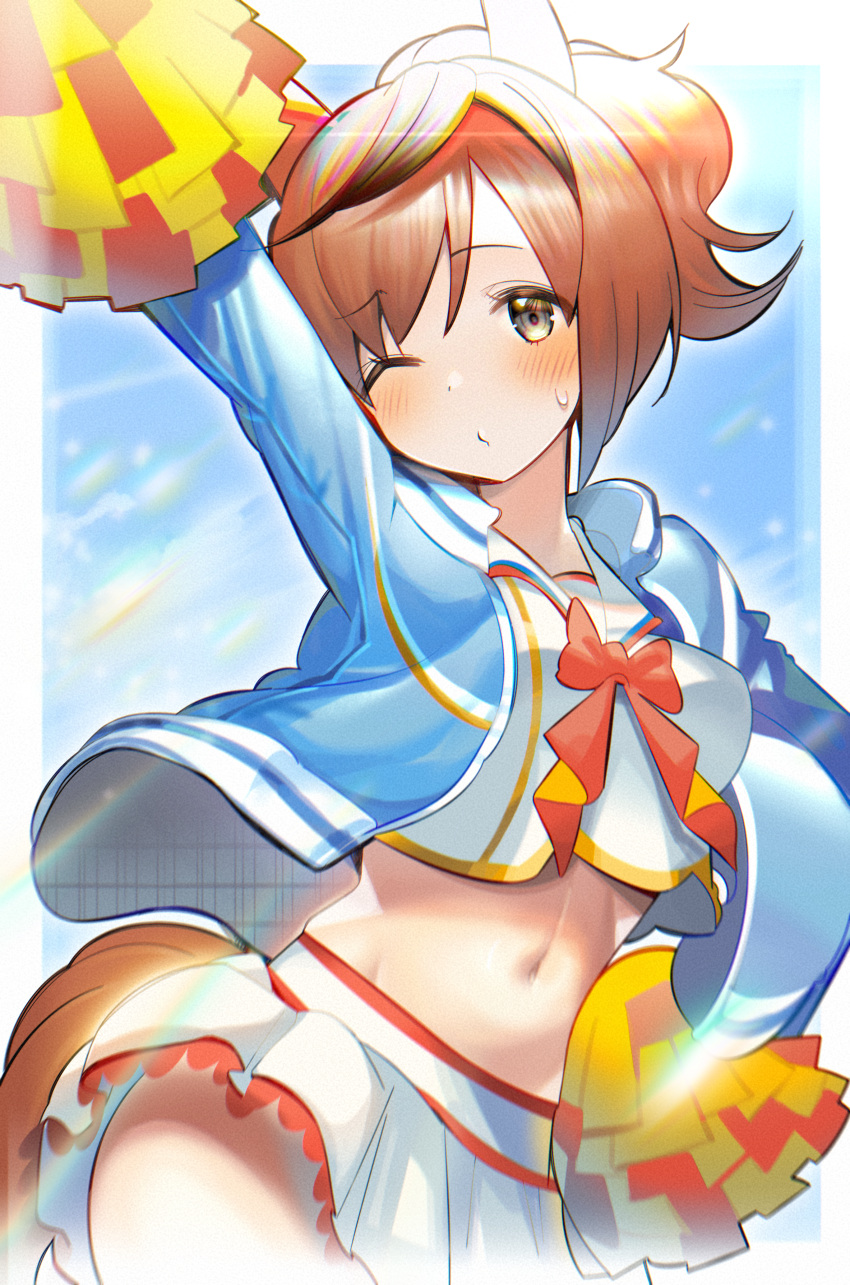 1girl absurdres animal_ears arm_up ashinowoto blue_jacket blush brown_hair crop_top groin hand_on_own_hip highres holding holding_pom_poms horse_ears horse_girl horse_tail jacket miniskirt multicolored_hair navel nice_nature_(run&amp;win)_(umamusume) nice_nature_(umamusume) one_eye_closed open_clothes open_jacket open_mouth pom_pom_(cheerleading) ponytail puckered_lips roar_yell!_tracen_academy_cheerleading_squad_(umamusume) sailor_collar shirt short_hair skirt solo streaked_hair sweatdrop tail umamusume white_shirt white_skirt yellow_eyes