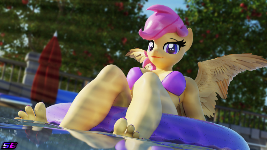 absurd_res anthro bikini blender_(software) breasts clothing equid equine feet female friendship_is_magic hasbro hi_res humanoid_feet looking_at_viewer mammal my_little_pony partially_submerged pegasus plantigrade pool_toy scootaloo_(mlp) shadowboltsfm solo swim_ring swimming_pool swimwear wings