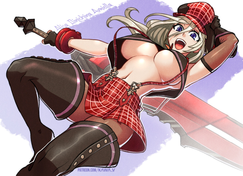 1girl :d alisa_ilinichina_amiella arm_up arm_warmers asymmetrical_gloves bare_shoulders black_footwear black_gloves black_vest blue_eyes boots bracer breasts brown_pantyhose cabbie_hat character_name checkered_clothes checkered_headwear cropped_vest elbow_gloves english_commentary fingerless_gloves gloves god_eater god_eater_burst grey_hair hair_between_eyes hat holding holding_sword holding_weapon huge_weapon kawa-v large_breasts long_hair looking_at_viewer navel open_mouth pantyhose patreon_username plaid plaid_headwear plaid_skirt pleated_skirt red_headwear red_skirt sidelocks single_arm_warmer skirt smile solo stomach suspender_skirt suspenders sword teeth thigh_boots underboob upper_teeth_only vest weapon