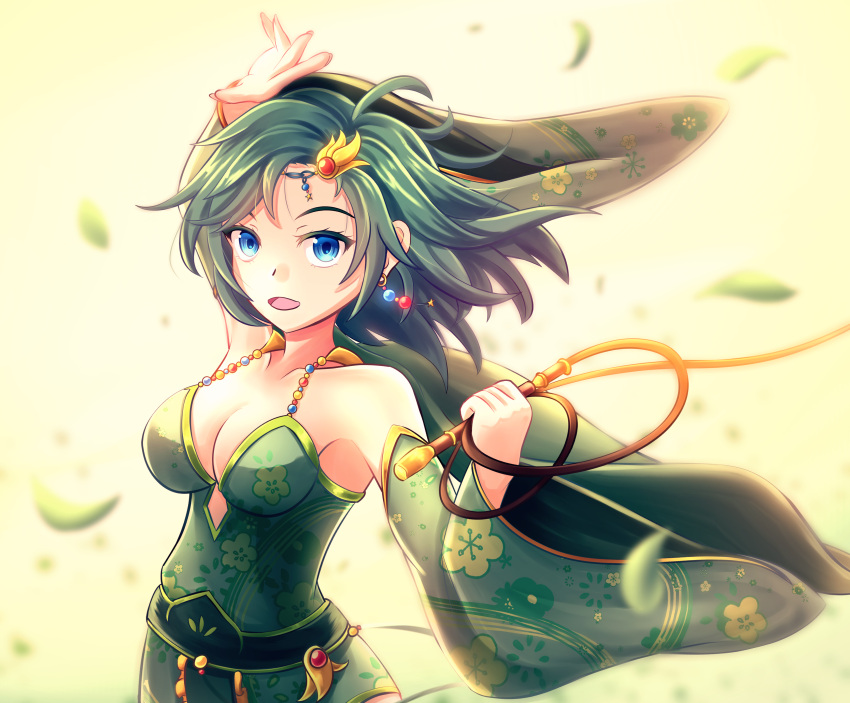 1girl absurdres arm_up armpit_crease bare_shoulders blue_eyes breasts cape cleavage detached_sleeves earrings falling_leaves final_fantasy final_fantasy_iv floating_hair floral_print green_cape green_hair green_leotard hair_ornament highres holding holding_whip jewelry leaf leotard looking_at_viewer medium_hair open_mouth rydia_(ff4) ryo-suzuki simple_background smile solo whip