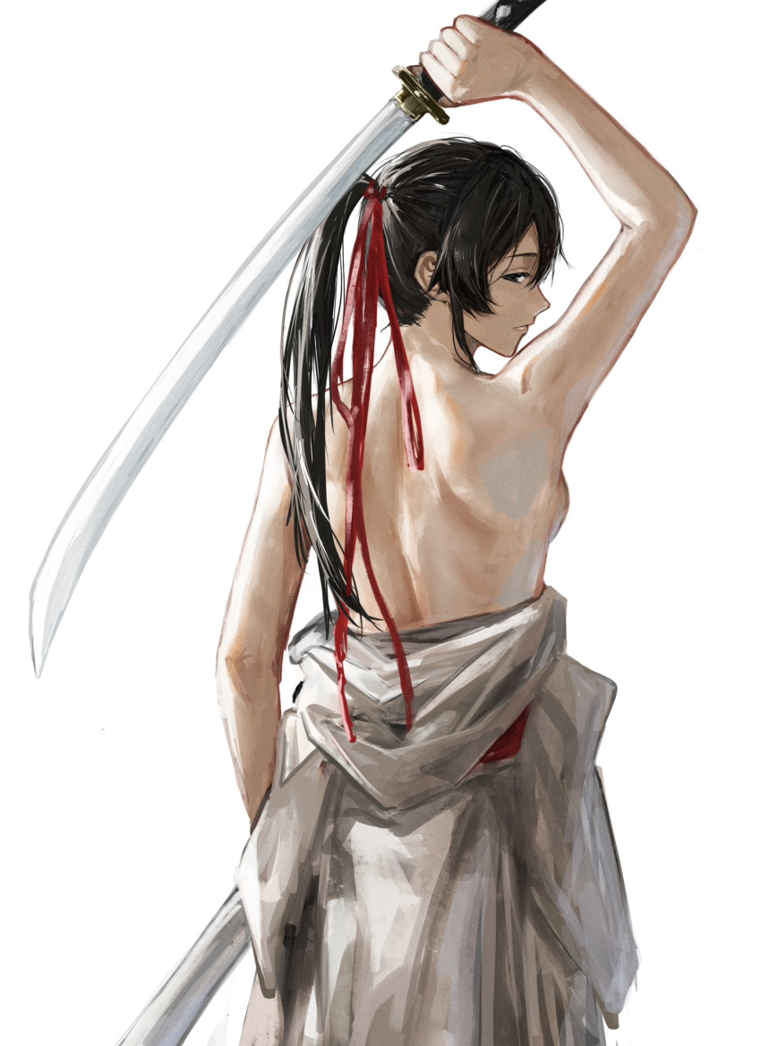 1girl arm_above_head arm_up backboob black_hair breasts hair_ribbon highres holding holding_sword holding_weapon jigokuraku katana kimono_partially_removed long_hair looking_back ponytail raberu_ruru red_ribbon ribbon scabbard sheath simple_background smile solo sword upper_body weapon white_background yamada_asaemon_sagiri