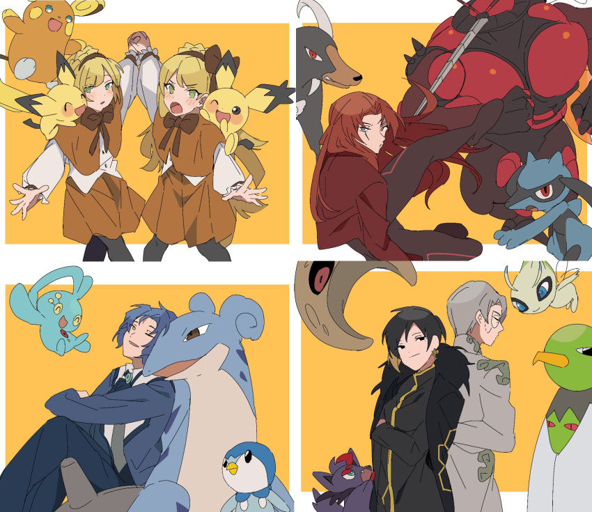 3boys 3girls alolan_raichu arm_up black_coat black_dress black_pants blue_coat blue_pants buzzwole capelet celebi chesed_(project_moon) coat crossover dress gebura_(project_moon) green_eyes highres hokma_(project_moon) houndoom jacket lapras lobotomy_corporation long_hair long_sleeves manaphy mu46016419 multiple_boys multiple_girls orange_capelet orange_skirt pants pichu piplup pokemon pokemon_(creature) project_moon puffy_long_sleeves puffy_sleeves red_hair red_jacket riolu shirt skirt spiky-eared_pichu tiphereth_a_(project_moon) tiphereth_b_(project_moon) very_long_hair white_hair white_shirt white_tunic xatu zorua