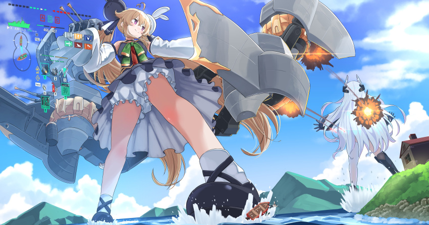 2girls absurdres attilio_regolo_(azur_lane) azur_lane black_dress black_footwear bloomers blue_sky boat breasts brown_hair closed_mouth cloud commission dress explosion firing from_below giant giantess hair_ornament highres holographic_interface house kearsarge_(azur_lane) long_hair long_sleeves machinery multiple_girls ocean outdoors pleated_dress purple_eyes rigging shoes sigure-zzzz sky small_breasts smile socks standing turret twintails underwear very_long_hair watercraft white_hair white_socks world_of_warships