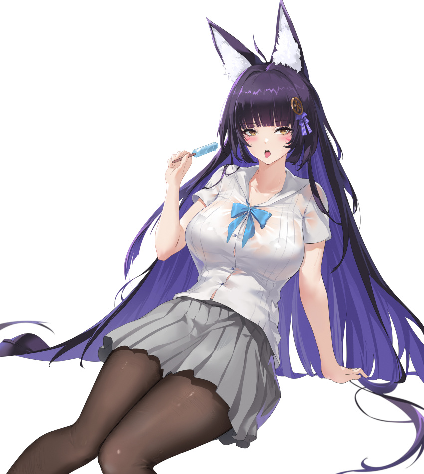 1girl absurdres alternate_costume animal_ears ano_(madoka23) arm_behind_back arm_support azur_lane black_bra black_hair blush bra bra_visible_through_clothes breasts food fox_ears fox_girl grey_skirt hair_ornament hairpin hand_up highres holding holding_food kitsune knees_together_feet_apart large_breasts leaning_back long_hair miniskirt multicolored_hair musashi_(azur_lane) open_mouth pleated_skirt popsicle pubic_hair sailor_collar sakura_empire_(emblem) school_uniform see-through serafuku shirt short_sleeves sitting skirt solo teeth thighs tongue tongue_out two-tone_hair underwear upper_teeth_only very_long_hair wet wet_clothes wet_shirt white_shirt yellow_eyes