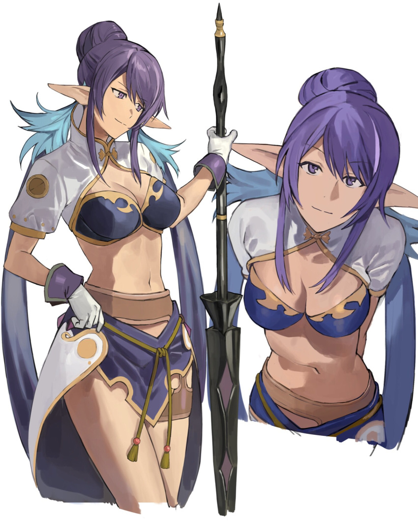 1girl blue_eyes blue_hair breasts cleavage gloves hair_bun hashibiro_kou_(garapiko_p) highres judith_(tales) long_hair midriff pointy_ears polearm simple_background single_hair_bun smile solo tales_of_(series) tales_of_vesperia weapon white_gloves