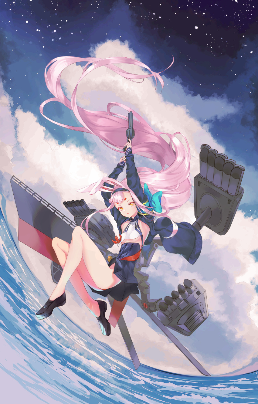 1girl absurdres animal_ears armband arms_up azur_lane black_footwear black_hairband blue_armband blue_dress blue_jacket breasts cloud dress full_body gun hairband highres holding holding_gun holding_weapon jacket long_hair looking_at_viewer microdress moelava ocean open_clothes open_jacket orange_eyes pink_hair rabbit_ears shimakaze_(azur_lane) shoes sky small_breasts solo star_(sky) starry_sky torpedo_launcher underboob very_long_hair water waves weapon
