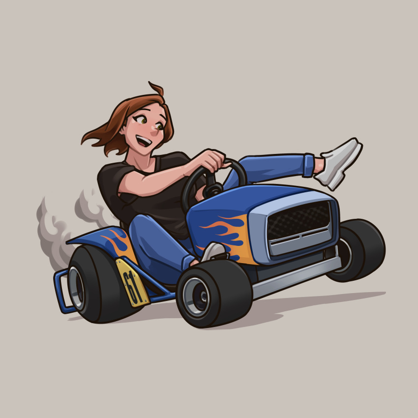 1girl absurdres arhentol black_shirt blue_pants brown_eyes brown_hair driving english_commentary flame_print grey_background grey_footwear highres lawnmower open_mouth original pants raelyn_cunningham shirt shoes short_hair smile smoke sneakers solo vehicle_focus wheel