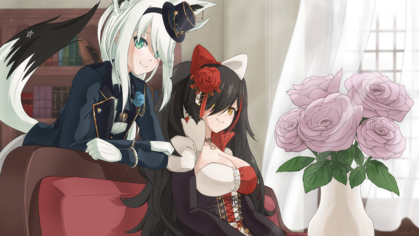 animal_ear_fluff animal_ears ascot black_hair blue_ascot blue_jacket braid breasts cleavage commentary_request couch curtains ear_covers flower fox_ears fox_girl fox_tail gloves green_eyes hair_between_eyes hair_over_one_eye hairband hal_(residenthalu) hat highres hololive indoors jacket large_breasts leaning_on_object long_hair looking_at_viewer mini_hat multicolored_hair ookami_mio pentagram pink_flower pink_rose red_hair rose shirakami_fubuki shirt sidelocks single_braid sitting small_breasts smile streaked_hair tail twintails virtual_youtuber white_gloves white_hair white_shirt wolf_ears wolf_girl yellow_eyes