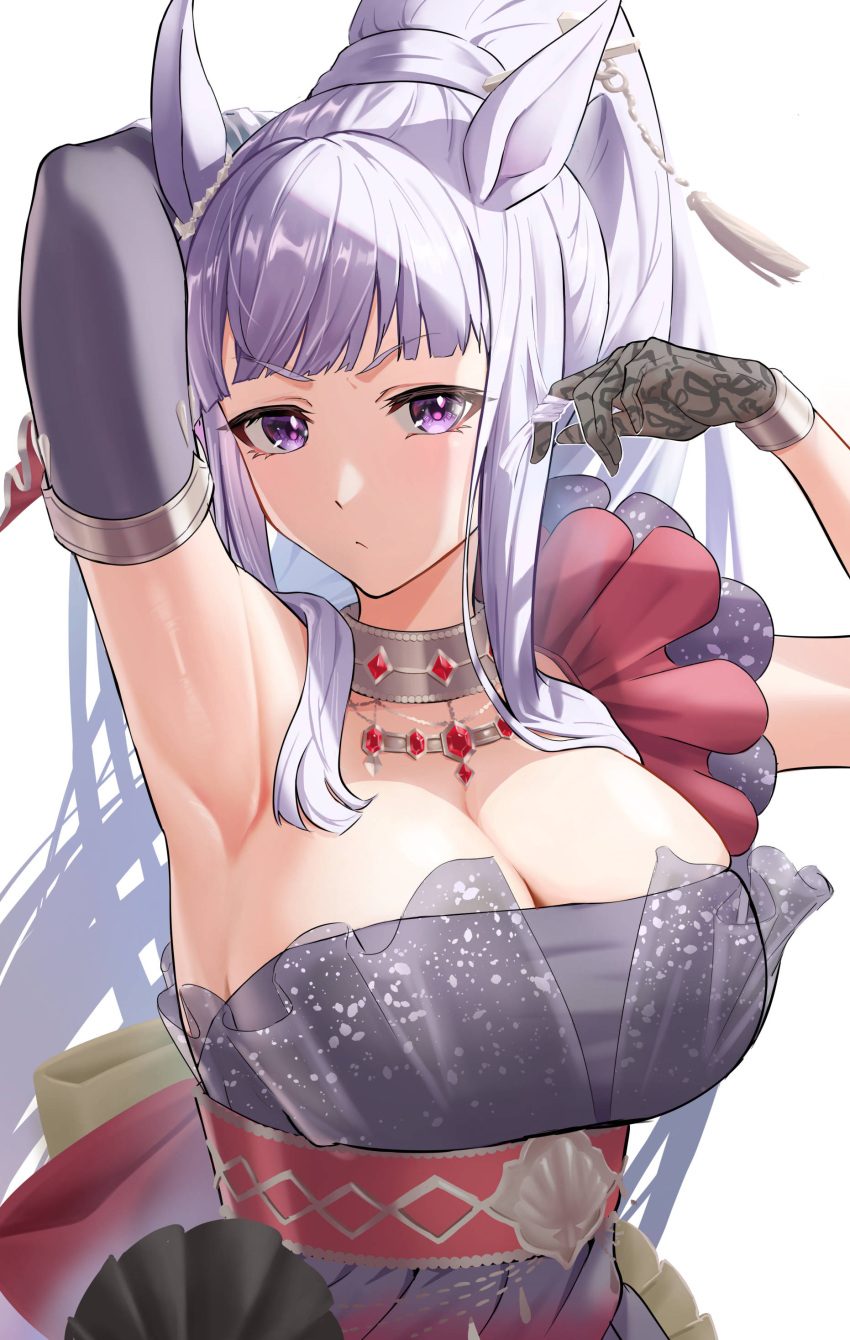 1girl absurdres animal_ears armpits arms_up asymmetrical_gloves black_dress black_gloves breasts cleavage commentary_request dress ear_ornament elbow_gloves gloves gold_ship_(la_mode_564)_(umamusume) gold_ship_(umamusume) grey_hair highres horse_ears horse_girl jewelry kinoyama_(0202) large_breasts long_hair looking_at_viewer necklace official_alternate_costume official_alternate_hairstyle ponytail purple_eyes simple_background sleeveless sleeveless_dress solo umamusume upper_body very_long_hair white_background