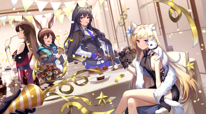 1other 4girls absurdres alternate_costume amiya_(arknights) animal_ear_fluff animal_ears animal_on_shoulder arknights ascot bare_legs bare_shoulders black_coat black_dress black_gloves black_hair black_jacket blonde_hair blue_eyes blue_gloves blue_necktie blue_shorts blush bracelet breasts cake cake_slice candle cat cat_ears cat_on_shoulder closed_eyes closed_mouth coat crossed_legs doctor_(arknights) dress flower food food_in_mouth fork gloves hand_on_own_hip happy_birthday heterochromia highres holding holding_fork indoors jacket jacket_on_shoulders jewelry long_hair long_sleeves looking_at_viewer medium_breasts mouth_hold multiple_girls necktie nightmare_(arknights) orange_eyes party_popper pennant plate pocky_in_mouth pov purple_ascot rabbit_ears red_dress red_flower red_rose rose shawl shirt shorts sideboob skyfire_(arknights) smile table texas_(arknights) unmei_no_watashijin vase very_long_hair white_cat white_flower white_rose white_shirt wolf_ears yellow_eyes