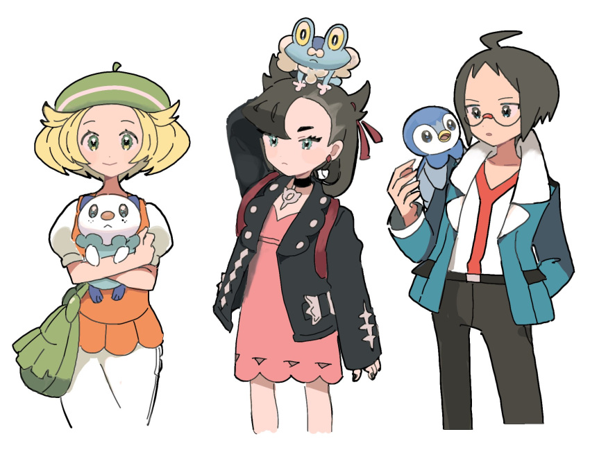 1boy 2girls ahoge beret bianca_(pokemon) blonde_hair cheren_(pokemon) closed_mouth dress earrings eneko_(olavcnkrpucl16a) eyelashes froakie glasses green_bag green_eyes green_headwear hair_ribbon hat highres holding holding_pokemon jacket jewelry long_sleeves marnie_(pokemon) multiple_girls nail_polish on_head open_clothes open_jacket orange_vest oshawott pink_dress piplup pokemon pokemon_(creature) pokemon_(game) pokemon_bw pokemon_on_head pokemon_swsh red_ribbon ribbon shirt short_hair short_sleeves smile vest white_background white_dress