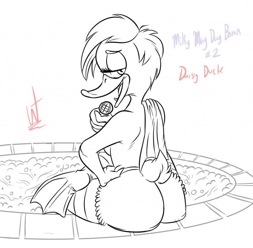 2018 anatid anseriform anthro avian beak bird butt daisy_duck disney duck english_text female half-closed_eyes hand_on_hip hi_res hot_tub looking_at_viewer looking_back membrane_(anatomy) microphone narrowed_eyes nude open_beak open_mouth quack_pack rear_view signature simple_background solo text tongue wastedtimeee webbed_feet white_background
