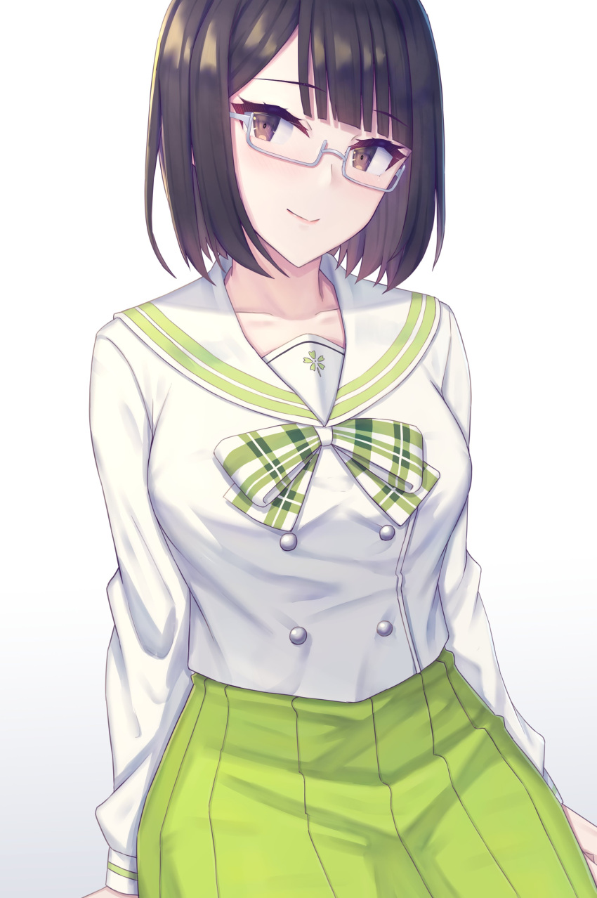 1girl absurdres black_hair bob_cut bow brown_eyes closed_mouth collarbone glasses green_bow green_skirt grey-framed_eyewear highres long_sleeves nijisanji ohguro_mariya plaid plaid_bow pleated_skirt sailor_collar school_uniform semi-rimless_eyewear serafuku seto_miyako short_hair simple_background skirt smile solo under-rim_eyewear virtual_youtuber white_background white_sailor_collar