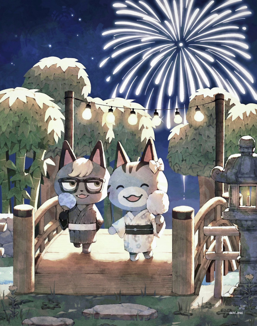 1boy 1girl :d ^_^ aerial_fireworks animal_crossing arch_bridge artist_name bamboo black-framed_eyewear black_kimono black_sash blush bow bridge brown_eyes candle cat_boy closed_eyes commentary cotton_candy fangs fire fireworks flame floral_print flower food furry furry_female furry_male glasses grass hair_bow hand_fan happy highres holding holding_fan holding_food japanese_clothes kaji_(oni_atat) kimono lantern lolly_(animal_crossing) long_sleeves looking_at_another night night_sky obi open_mouth outdoors paper_fan plant railing raymond_(animal_crossing) rock sash sideways_glance sky smile standing star_(sky) stone_lantern striped striped_kimono symbol-only_commentary twitter_username uchiwa vertical-striped_kimono vertical_stripes white_bow white_flower white_kimono white_sash wide_sleeves wooden_bridge yellow_flower