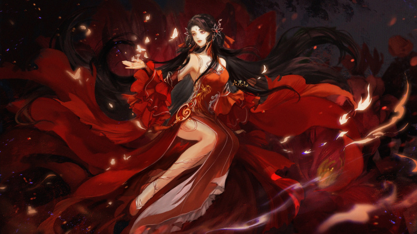 1girl absurdly_long_hair absurdres artist_request bare_shoulders brown_hair bug butterfly chest_cutout china_dress chinese_clothes detached_sleeves dress expressionless facial_mark forehead_mark frilled_sleeves frills glowing_butterfly hair_ornament highres huo_linger_(wanmei_shijie) long_hair red_dress red_footwear second-party_source sitting solo two-tone_dress very_long_hair wanmei_shijie