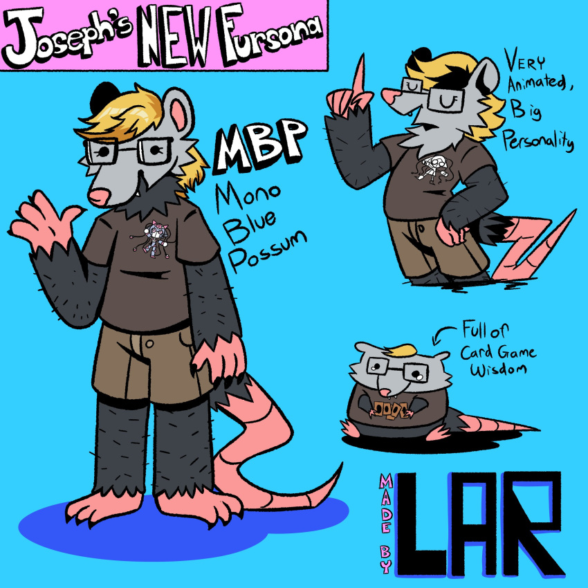 absurd_res anthro black_body black_fur blonde_hair blue_background bodily_fluids bottomwear claws clothed clothing english_text eyewear fangs fur gesture glasses grey_body grey_fur hair hi_res larhyperhair male mammal marsupial mbt_yugioh overweight pointing possum shirt shorts simple_background sitting smile solo tail tears teeth text topwear trading_card waving waving_at_viewer yu-gi-oh! yu-gi-oh_card