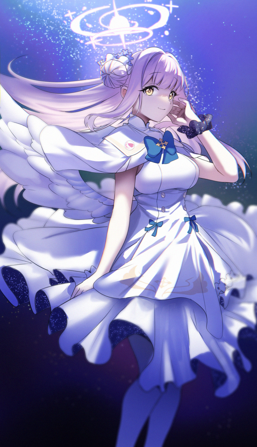 1girl absurdres blue_archive blue_bow bow breasts capelet closed_mouth commentary_request dress feathers feet_out_of_frame hair_bun halo hand_up highres holding holding_feather large_breasts long_hair looking_at_viewer mika_(blue_archive) night night_sky pantyhose pecora_(udpf2448) pink_hair scrunchie single_hair_bun sky smile solo star_(sky) starry_sky starry_sky_print white_capelet white_dress white_pantyhose white_wings wings wrist_scrunchie yellow_eyes