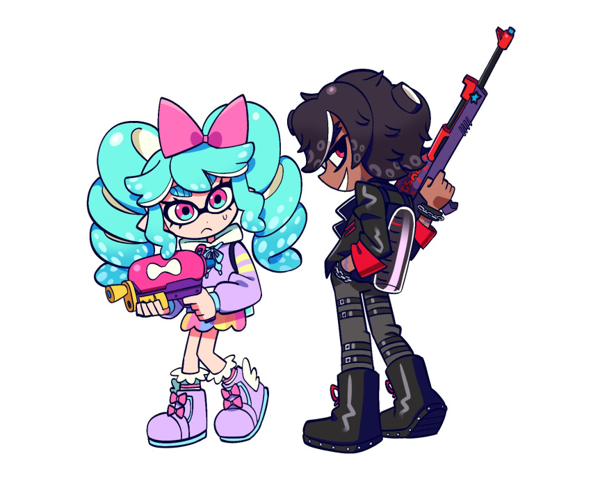 1boy 1girl alternate_race black_footwear black_hair black_jacket blue_hair boots bow closed_mouth crossover dark-skinned_male dark_skin drill_hair frown full_body grey_pants grin gun hair_bow highres holding holding_gun holding_weapon hood hood_down hoodie idol_land_pripara inkling inkling_boy inkling_girl jacket katasumi_amari lau_(laustar30) long_hair long_sleeves looking_at_viewer mario_(pripara) open_mouth pants pink_bow pink_eyes pretty_(series) pripara purple_footwear purple_hoodie red_eyes short_hair simple_background skirt smile splatoon_(series) standing sweatdrop tentacle_hair thick_eyebrows twin_drills twintails weapon white_background