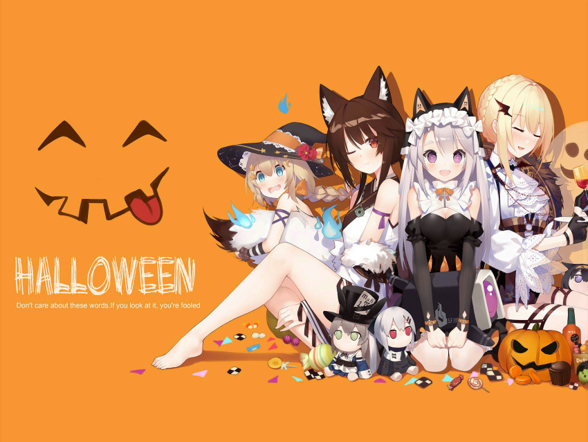 4girls :p ^_^ animal_ears barefoot black_gloves black_sleeves blonde_hair blue_eyes blue_fire blush bottle breasts brown_hair candy cat_ears character_doll cleavage closed_eyes cross-shaped_pupils cup detached_sleeves dinergate_(girls'_frontline) doll drinking_glass english_text fake_animal_ears fangs feet fire fnc_(candy_thief)_(girls'_frontline) fnc_(girls'_frontline) food full_body girls'_frontline gloves hair_ornament half_gloves halloween halloween_costume hat highres hitodama iws_2000_(girls'_frontline) jack-o'-lantern kneeling lollipop medium_breasts multiple_girls non-humanoid_robot nun official_alternate_costume official_art one_eye_closed open_mouth orange_background p7_(girls'_frontline) p7_(sister_gunslinger)_(girls'_frontline) pumpkin purple_eyes red_eyes robot sangvis_ferri simple_background sitting smile spitfire_(girls'_frontline) spitfire_(the_last_alice)_(girls'_frontline) suisai_(suisao) super_sass_(girls'_frontline) symbol-shaped_pupils tail tail_hug toes tongue tongue_out top_hat type_79_(girls'_frontline) type_79_(nine-tail_fox)_(girls'_frontline) vampire_costume welrod_mkii_(girls'_frontline) welrod_mkii_(lord_of_shadow)_(girls'_frontline) white_hair wine_bottle wine_glass witch_hat wolf_ears wolf_tail
