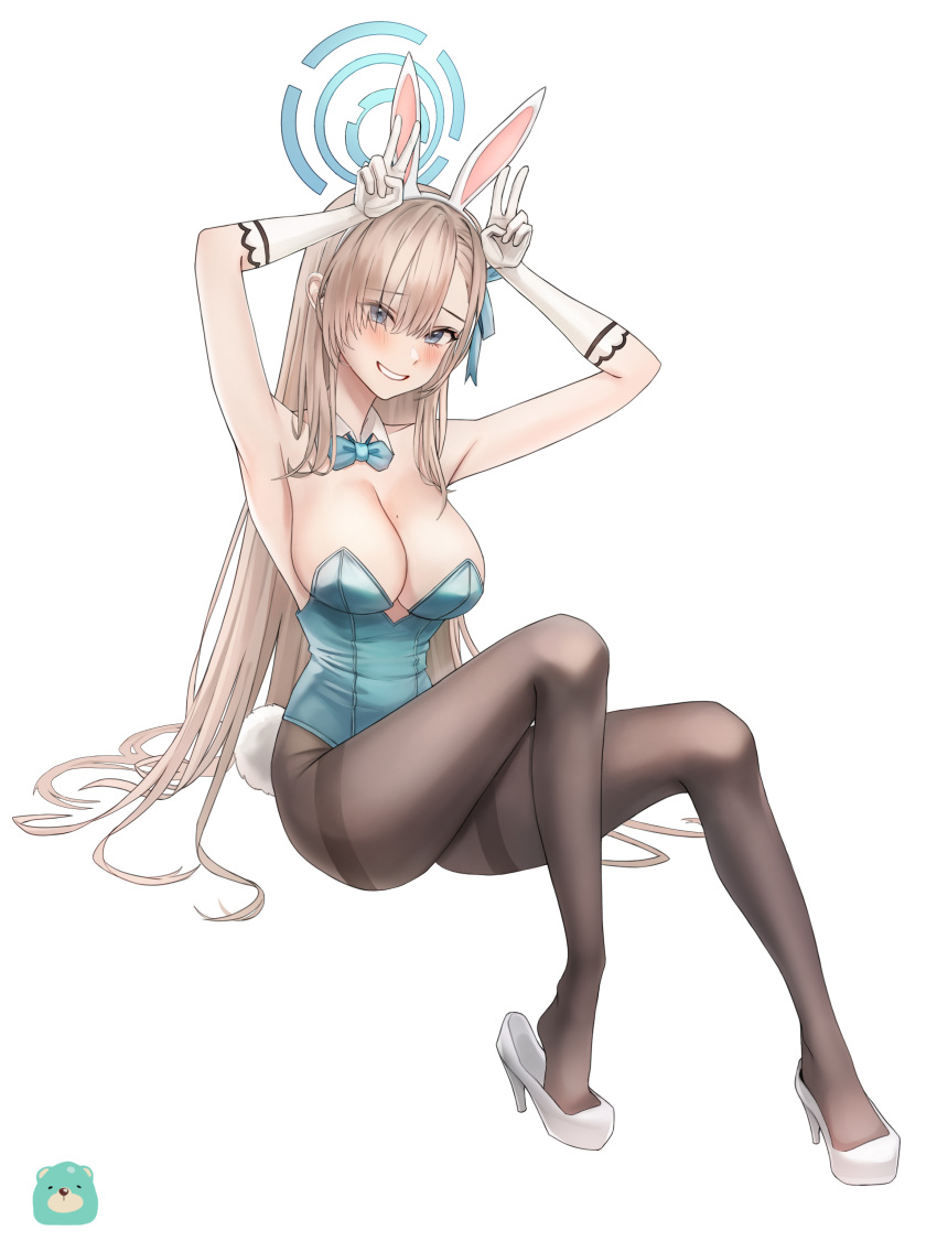 1girl absurdly_long_hair absurdres animal_ears aqua_leotard asuna_(blue_archive) asuna_(bunny)_(blue_archive) asymmetrical_bangs bare_shoulders blue_archive blue_bow blue_bowtie blue_eyes blue_leotard blue_ribbon bow bowtie breasts brown_pantyhose detached_collar fake_animal_ears gloves hair_over_one_eye hair_ribbon halo highleg highleg_leotard highres jundu large_breasts leotard light_brown_hair long_hair looking_at_viewer mole mole_on_breast official_alternate_costume pantyhose playboy_bunny rabbit_ears ribbon smile solo strapless strapless_leotard swept_bangs thighband_pantyhose traditional_bowtie very_long_hair white_gloves