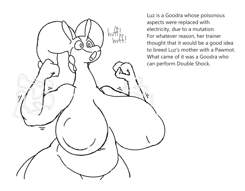 2023 3_fingers anthro areola belly big_breasts breasts chubby_anthro chubby_female deep_navel dragon electricity english_text fan_character female fingers fist flexing_bicep flexing_both_biceps generation_6_pokemon goodra half-length_portrait huge_breasts line_art long_neck lore luz_(vr457) navel nintendo nude open_mouth pokemon pokemon_(species) portrait solo standing tail text thick_thighs vr457 wide_hips