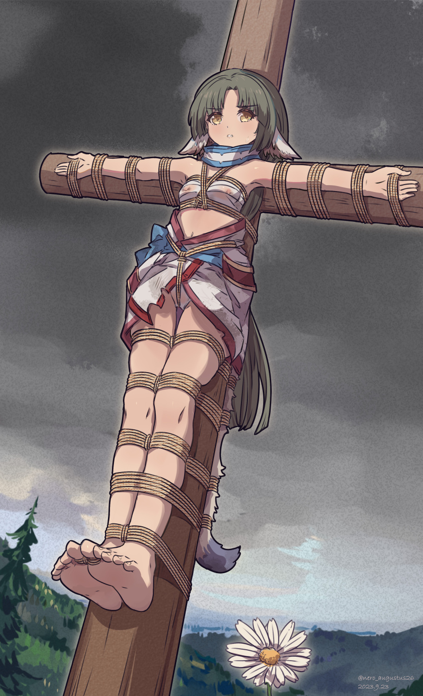 1girl absurdres ainu_clothes angry animal_ears artist_name bare_legs barefoot bdsm bondage bound bound_toes chest_sarashi clenched_teeth clothes_lift cloud cloudy_sky covered_nipples crotch_rope crucifixion eruruw flower forest green_hair highres long_hair looking_at_viewer nature nero_augustus panties sarashi see-through shibari sidelocks sky soles tail teeth underwear utawarerumono yellow_eyes
