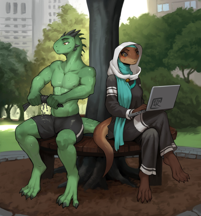 anthro blush bodily_fluids bottomwear brown_body brown_scales city clothed clothing computer detailed_background duo ethrk female fully_clothed green_body green_scales headgear headwear hi_res hijab laptop lizard male muscular muscular_anthro muscular_male outside park plant religious_clothing religious_headwear reptile scales scalie shirtless shorts side_by_side sitting smile sweat tree