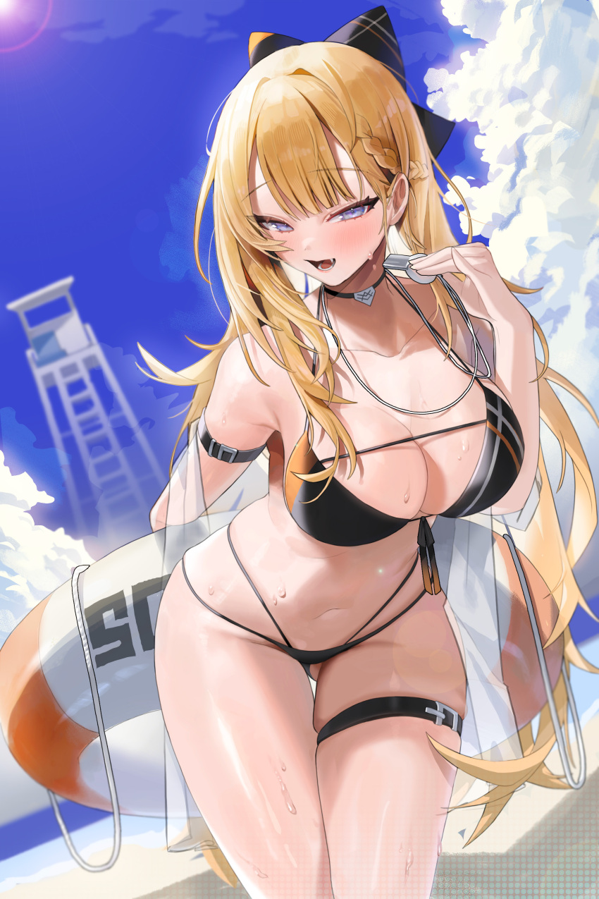 1girl absurdres ass_visible_through_thighs bare_shoulders belt blonde_hair blush braid breasts choker cleavage collarbone french_braid highres holding holding_whistle lifeguard long_hair looking_at_viewer original outdoors rima_rima_ri solo sweat swimsuit thigh_belt thigh_strap very_long_hair whistle whistle_around_neck