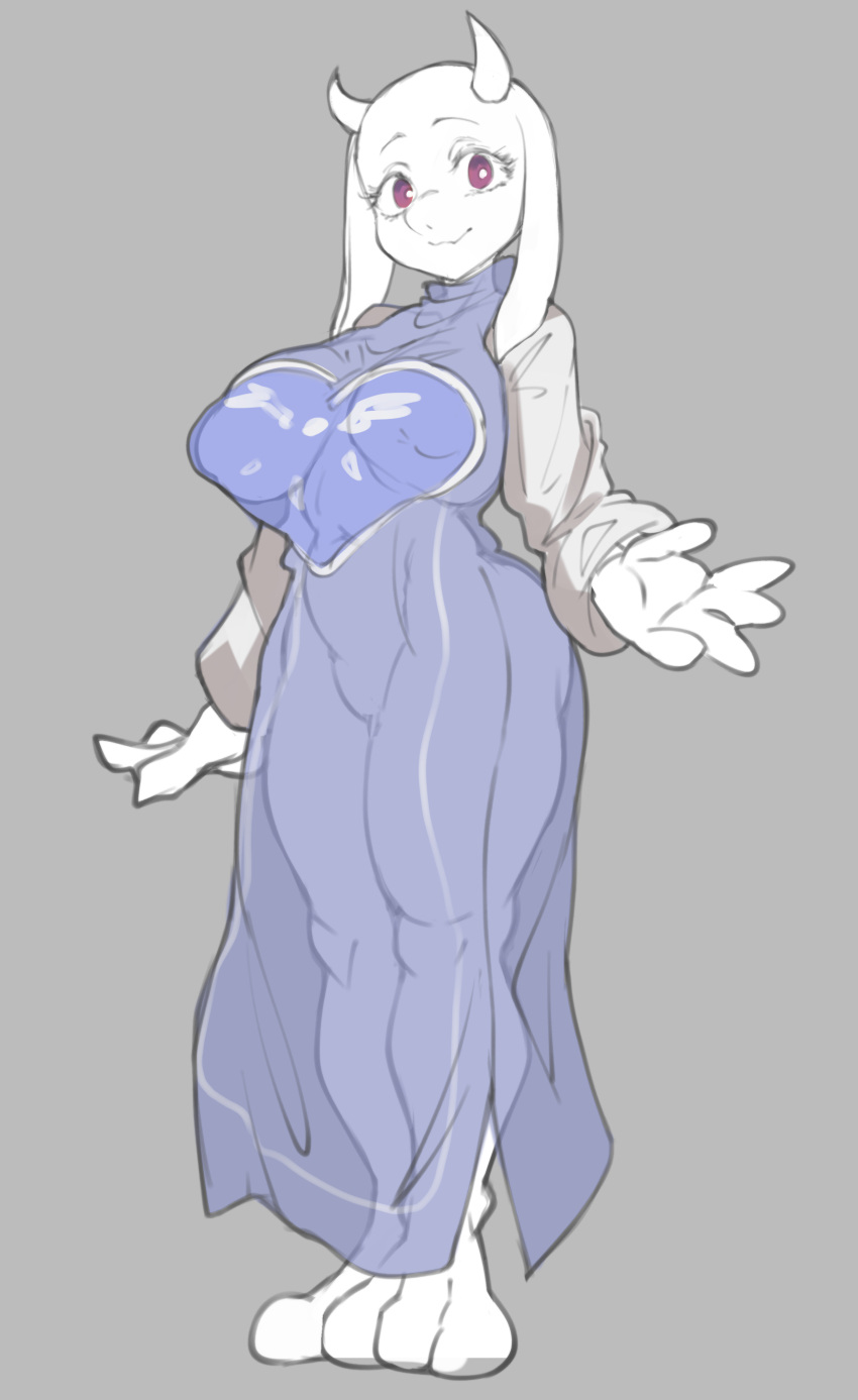 absurd_res anthro big_breasts bovid breasts caprine clothed clothing curvy_figure female fur hi_res iepelppa looking_at_viewer mammal red_eyes sheep smile solo toriel undertale_(series) white_body white_fur