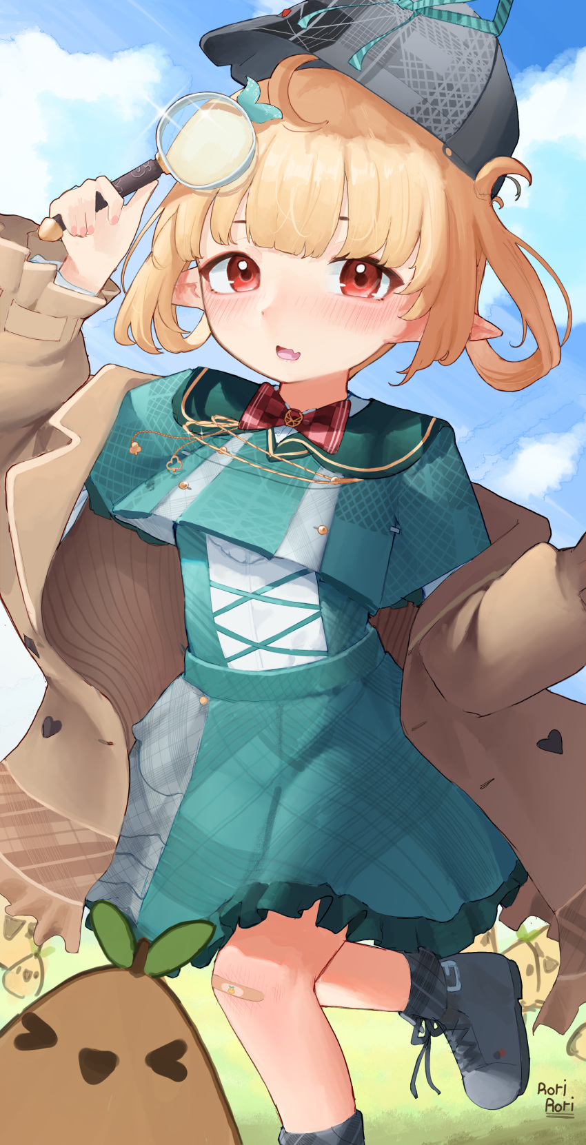 1girl absurdres black_footwear blonde_hair blush bow bowtie brown_jacket deerstalker fang grey_headwear hair_rings hat highres jacket magnifying_glass nijisanji nijisanji_en open_clothes open_jacket open_mouth pointy_ears pomu_rainpuff pomu_rainpuff_(4th_costume) pomudachi_(pomu_rainpuff) red_bow red_bowtie red_eyes rorirori_(rorirori45) skin_fang standing standing_on_one_leg virtual_youtuber