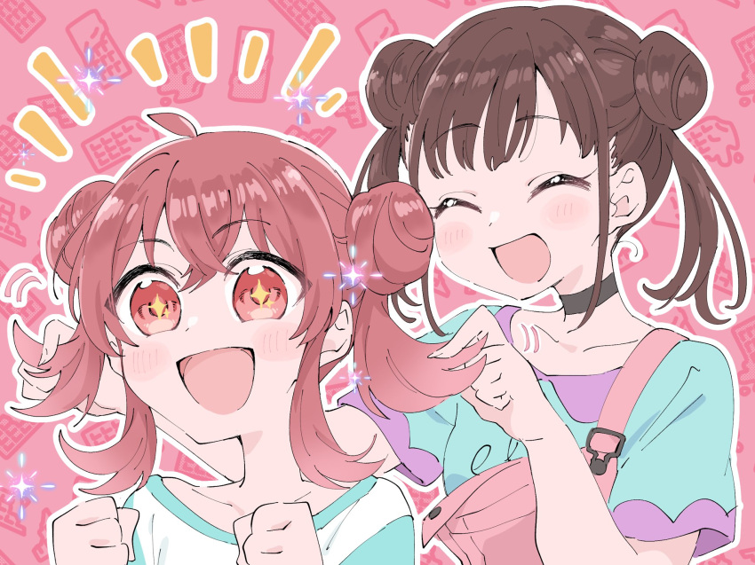 2girls ^_^ adjusting_another's_hair ahoge ayunyan_pere black_choker blush blush_stickers brown_hair chocolate_print choker closed_eyes collarbone double_bun hair_bun highres idolmaster idolmaster_shiny_colors komiya_kaho matching_hairstyle multiple_girls outline overalls pink_overalls raglan_sleeves red_eyes sidelocks smile sonoda_chiyoko sparkling_eyes twintails upper_body white_outline