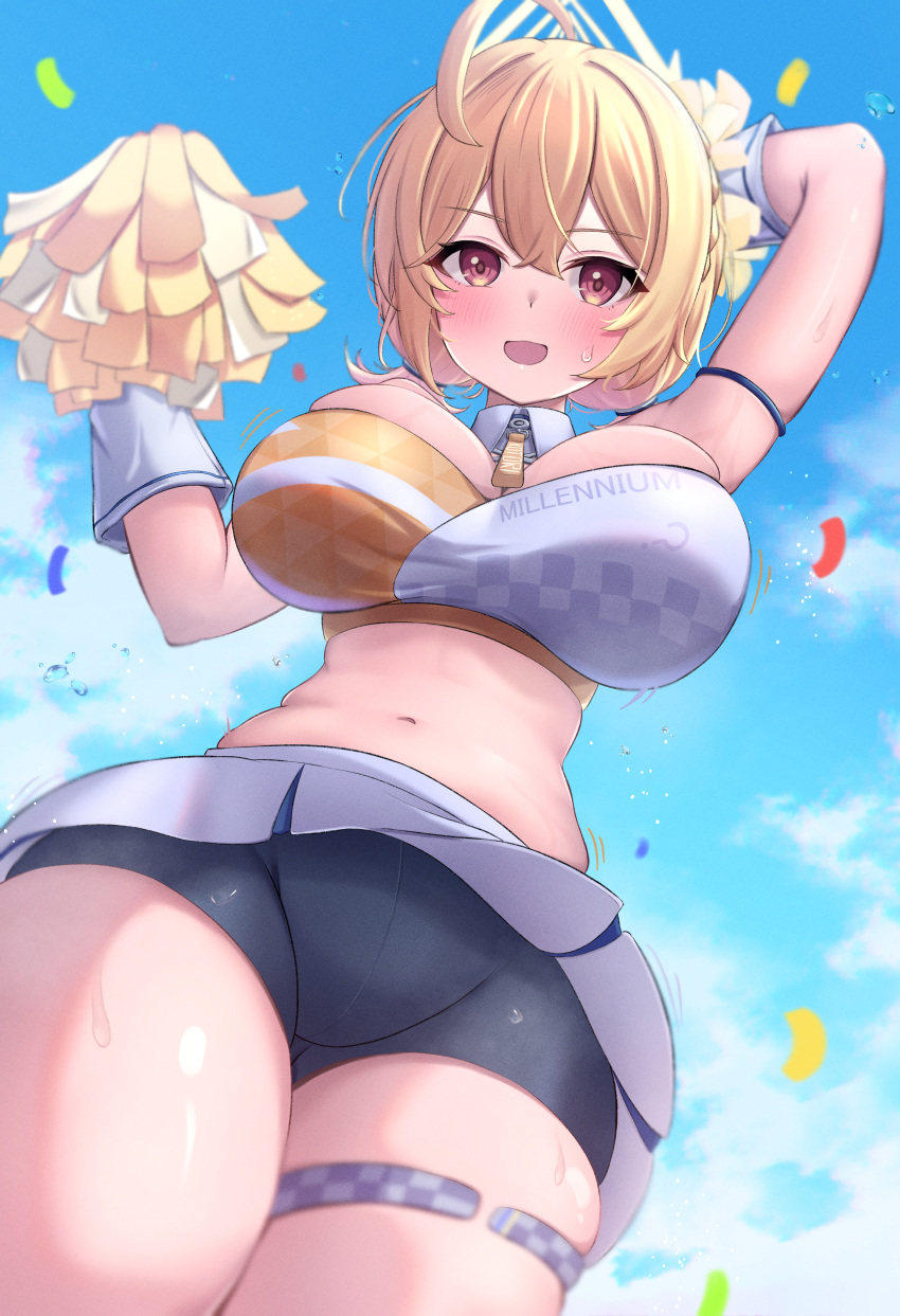 1girl absurdres ahoge arm_behind_head arm_up armlet bike_shorts black_shorts blonde_hair blue_archive blue_sky braid breasts character_name cleavage cloud cloudy_sky commentary_request criss-cross_halter detached_collar from_below hair_between_eyes halo halterneck highres holding holding_pom_poms kotori_(blue_archive) kotori_(cheer_squad)_(blue_archive) large_breasts looking_at_viewer looking_down low_twintails medium_hair millennium_cheerleader_outfit_(blue_archive) navel neko_punch_(user_hddm3373) official_alternate_costume official_alternate_hairstyle outdoors pleated_skirt plump pom_pom_(cheerleading) red_eyes short_shorts shorts sidelocks single_braid skirt sky sleeveless solo stomach thighlet twintails