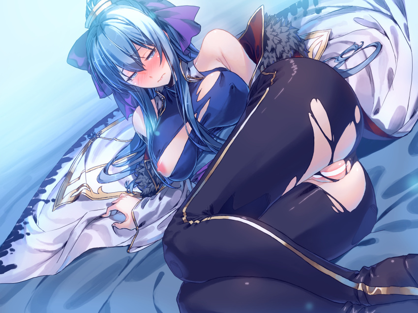 1girl absurdres bare_shoulders blue_eyes blue_hair blush censored closed_mouth commission commissioner_upload embarrassed hair_ribbon half-closed_eyes highres jacket long_hair long_sleeves lying matsuki_akira mu_xiaokui_(phantom_blade) mu_xiaokui_(time_traveler)_(phantom_blade) nipple_slip nipples non-web_source pants phantom_blade_(game) ponytail ribbon skeb_commission solo torn_clothes torn_pants white_jacket