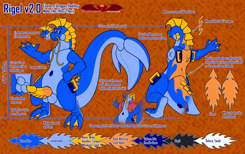 2022 air_valve animal_genitalia animate_inanimate anthro balls barbel_(anatomy) big_tail blue_balls blue_body blue_eyes cheek_frill darkoverord digital_media_(artwork) digitigrade dragon eastern_dragon english_text flesh_whiskers frill_(anatomy) genitals grey_pupils handles handles_on_back handles_on_hips hi_res huge_tail inflatable living_inflatable male mane markings membrane_(anatomy) model_sheet multicolored_penis orange_background orange_markings orange_penis penis pupils ridged_penis rigel_(darkoverord) sheath simple_background solo spade_tail tail text textured_background two_tone_penis webbed_feet webbed_hands yellow_frill yellow_penis