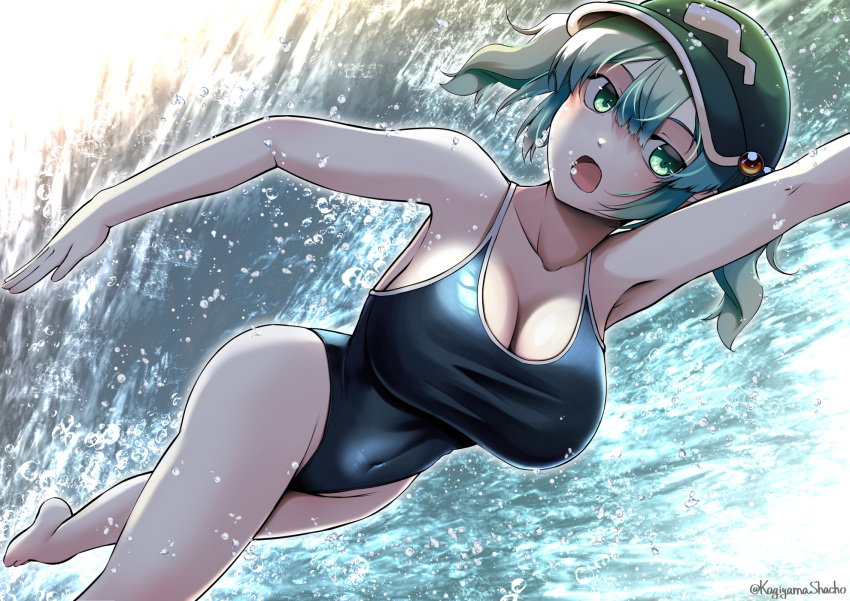 1girl alternate_costume arm_up armpits barefoot black_one-piece_swimsuit blue_eyes blue_hair blunt_bangs blush breasts cleavage commentary_request flat_cap foot_out_of_frame green_headwear hair_bobbles hair_ornament hat highleg highres kagiyama_shachou kawashiro_nitori large_breasts looking_at_viewer medium_hair one-piece_swimsuit open_mouth revision school_swimsuit solo splashing swimming swimsuit touhou two_side_up water