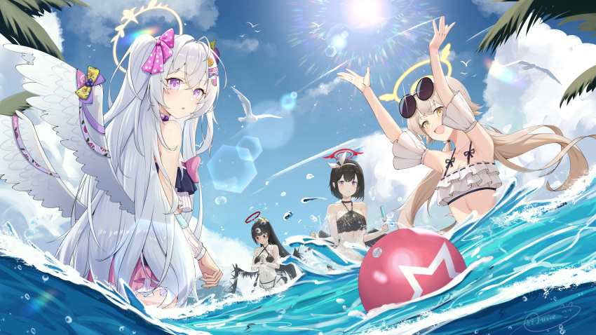 4girls absurdres artist_name azusa_(blue_archive) azusa_(swimsuit)_(blue_archive) ball beachball bikini bird black_bikini black_hair blue_archive blue_sky blunt_bangs bow bow_hairband bow_on_wing brown_hair commentary criss-cross_halter day embarrassed eyewear_on_head feathered_wings food food-themed_hair_ornament frilled_bikini frills hair_bow hair_ornament hairband halo halterneck hifumi_(blue_archive) hifumi_(swimsuit)_(blue_archive) highres holding holding_food holding_popsicle lemon_hair_ornament lens_flare long_hair looking_at_viewer looking_to_the_side mashiro_(blue_archive) mashiro_(swimsuit)_(blue_archive) multiple_girls ningjuice ocean official_alternate_costume outdoors own_hands_together polka_dot polka_dot_bow popsicle purple_eyes red_eyes short_hair signature sky sun sunglasses sunlight swimsuit tsurugi_(blue_archive) tsurugi_(swimsuit)_(blue_archive) wading water_drop watermelon_hair_ornament white_bow white_hair white_hairband white_wings wings yellow_eyes