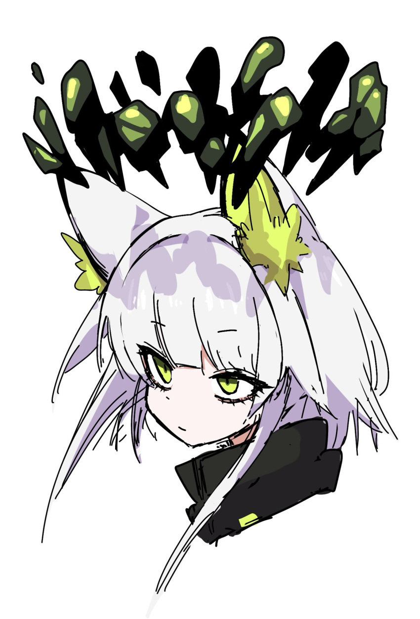 animal_ears arknights cat_ears collar dr_yamero green_eyes green_hair headshot highres kal'tsit_(arknights) kal'tsit_(remnant)_(arknights) object_floating_above_hand rock short_hair white_hair