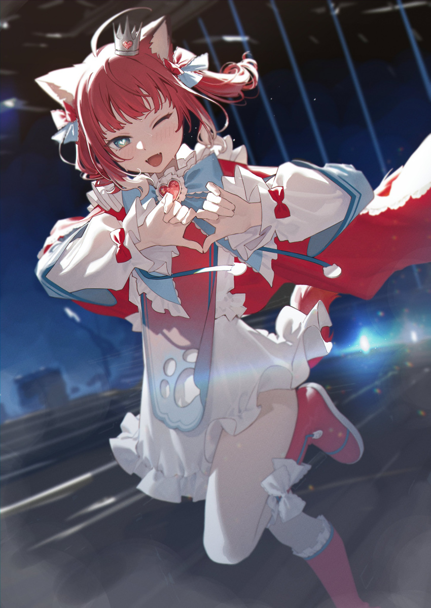 1girl absurdres ahoge akami_karubi animal_ear_fluff animal_ears blue_eyes boots cat_ears crown dancing fangs frills hair_ribbon heart heart_hands heart_in_eye highres indie_virtual_youtuber looking_at_viewer medium_hair mini_crown multicolored_hair one_eye_closed open_mouth red_hair ribbon smile solo stage symbol_in_eye tail twintails unti_no_azi virtual_youtuber