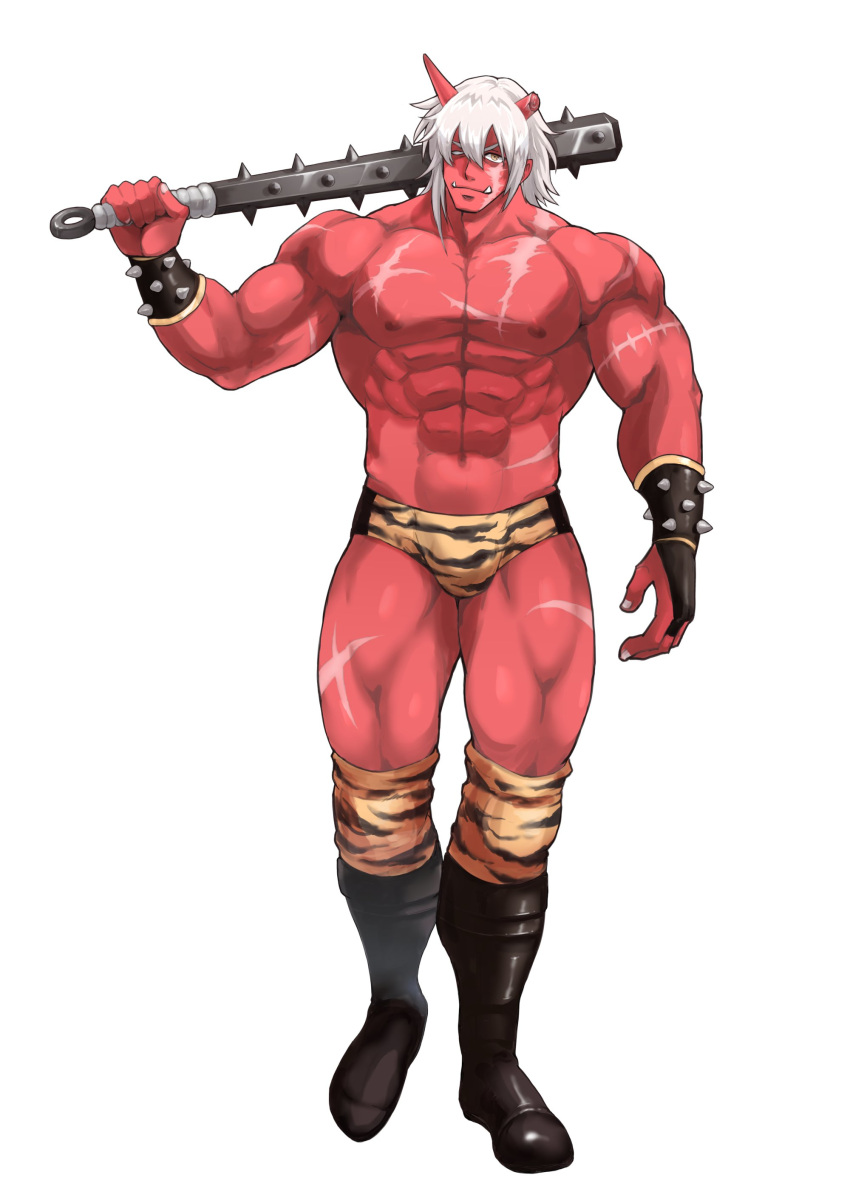 1boy abs absurdres animal_print armor bara black_footwear blank_eyes boots briefs broken_horn club_(weapon) colored_skin commission full_body hair_between_eyes heterochromia highres holding holding_club holding_weapon horns kanabou knee_pads looking_at_viewer male_focus male_underwear muscular muscular_male nipples oni oni_horns original owariya_ranko pauldrons pectorals red_horns red_oni red_skin scar second-party_source shoulder_armor simple_background skeb_commission skin-covered_horns solo spiked_pauldrons standing thick_thighs thighs tiger_print topless_male tusks underwear v-shaped_eyebrows weapon white_background white_hair wrestling_boots wrestling_outfit yellow_eyes