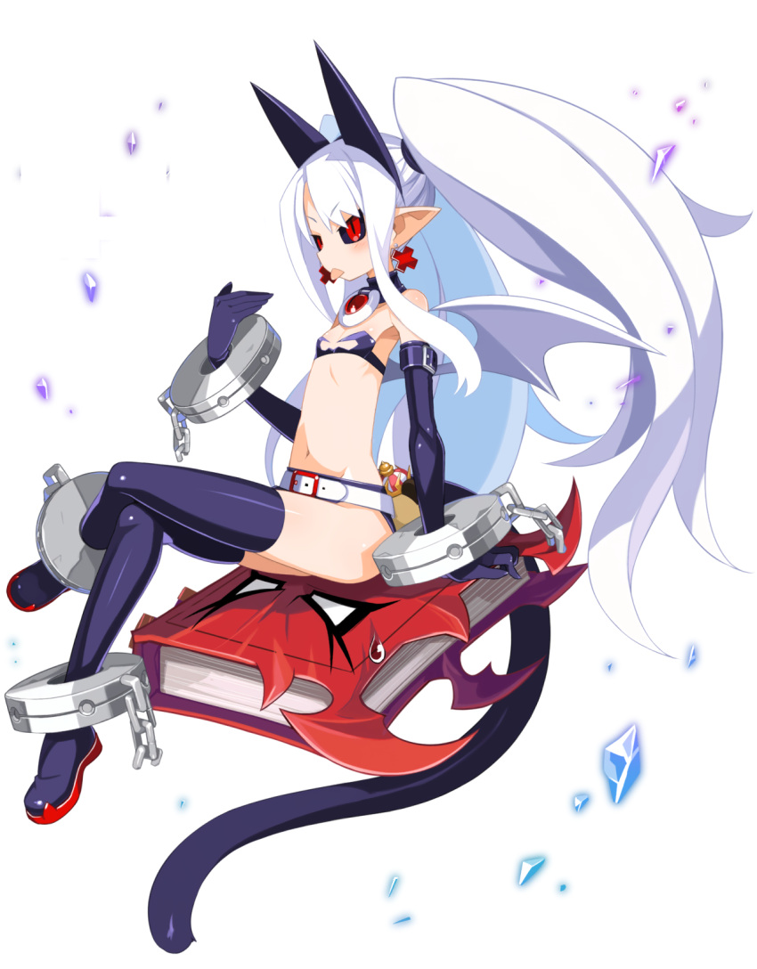 1girl animal_ears belt black_sclera book boots choker colored_sclera cosplay crossed_legs crystal cuffs demon_girl demon_wings disgaea disgaea_rpg elbow_gloves etna_(disgaea) etna_(disgaea)_(cosplay) flat_chest full_body gloves highres long_hair navel non-web_source official_art photoshop_(medium) pointy_ears pram_(phantom_kingdom) red_eyes shackles sidelocks sitting slit_pupils solo tail thigh_boots tongue tongue_out transparent_background twintails very_long_hair white_hair wings zetta_(phantom_kingdom)