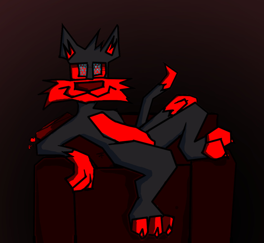 anthro black_body black_fur chair domestic_cat felid feline felis fokopoko fur furniture glowing glowing_eyes hand_on_knee hand_on_leg leather_chair looking_at_viewer looney_tunes male mammal pillow pose red_body red_fur red_furniture solo stylized sylvester warner_brothers
